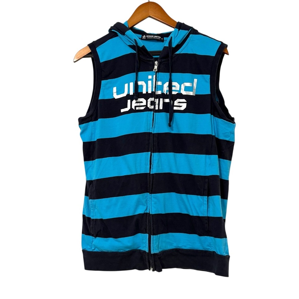 United Jeans Navy Blue Striped Size Small Y2K Full Zip Hooded Sleeveless Vest